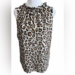 LOFT Leopard Print Chiffon Sleeveless Blouse With Ruffled Tie Back Neck Size XS
